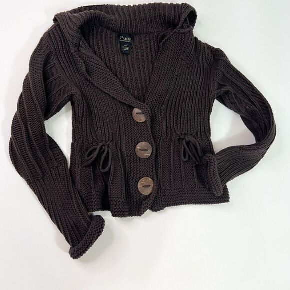 Pure Handknit Cardigan Sweater Womens Small Brown Cotton Button-Up Long Sleeve - Picture 1 of 9